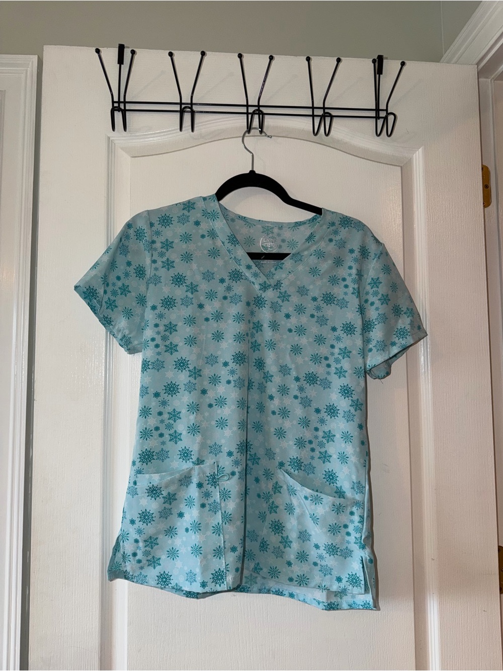 Aqua Floral Snowflake Scrub Top